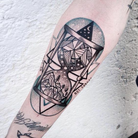 Hourglass tattoo in dotwork style on forearm for men