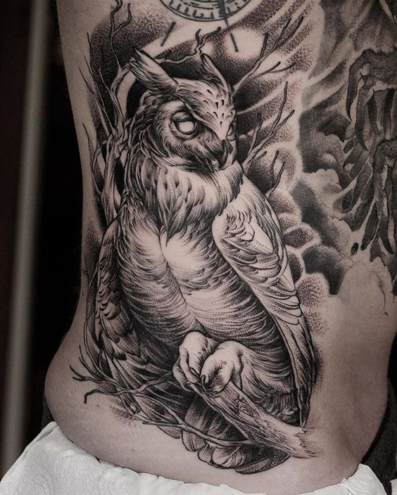 Dotwork owl tattoo on the side for men