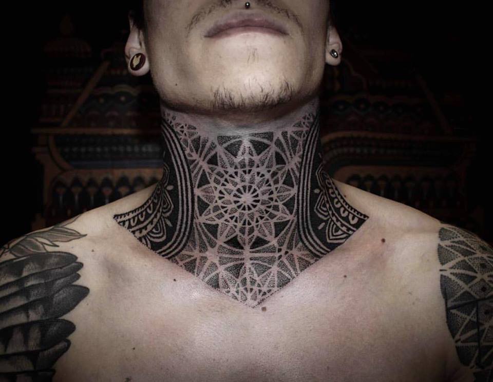 Dotwork neck tattoo for men