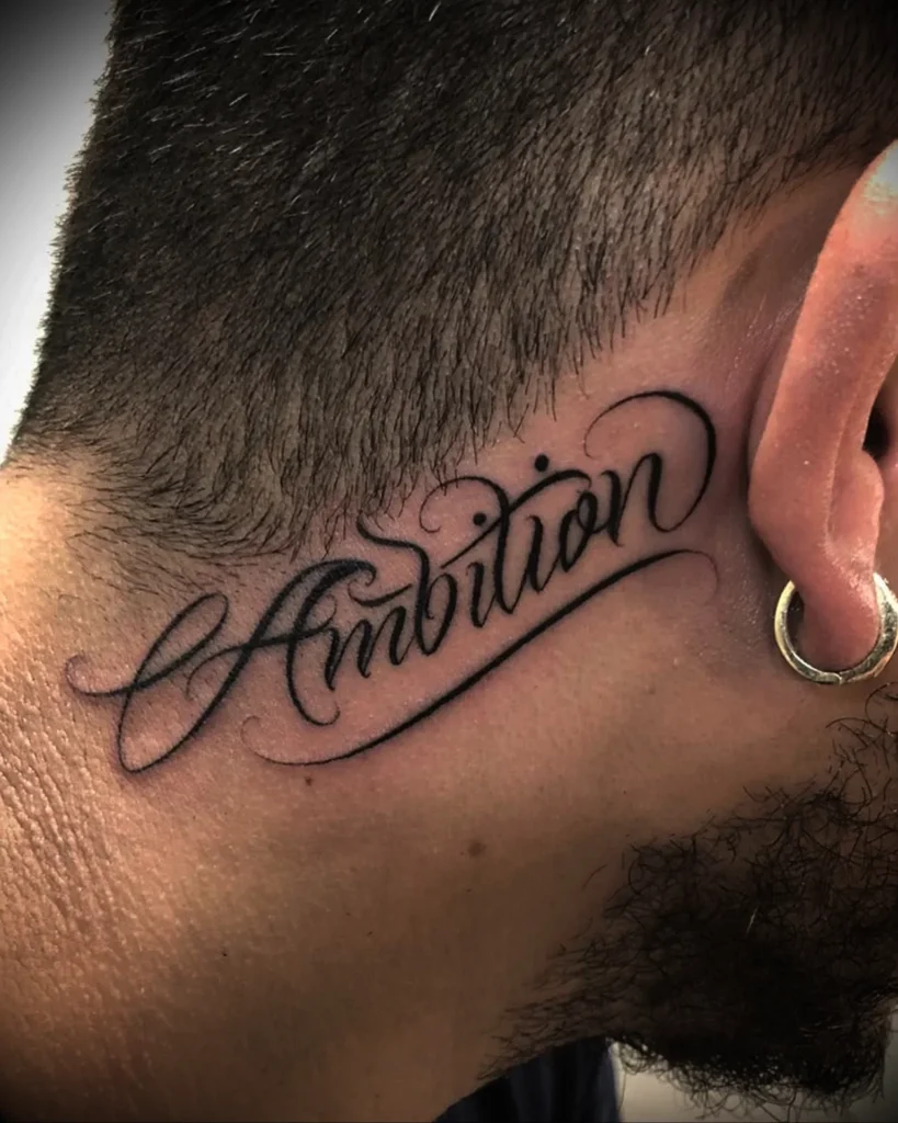 Tattoo with the inscription on the neck for men