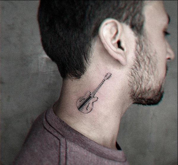 Guitar tattoo on the neck for men