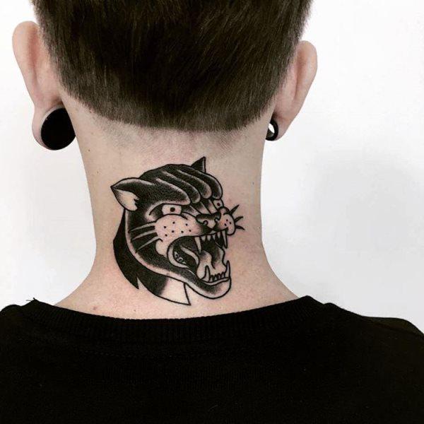 Panther tattoo on the neck for men