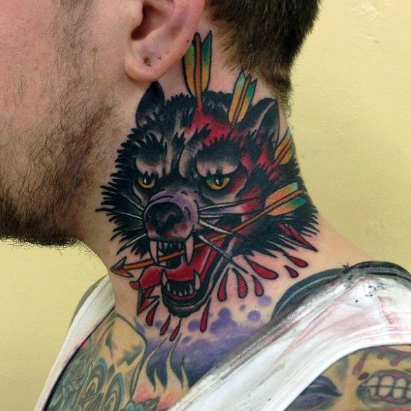 Colorful wolf tattoo with arrows on the neck for men