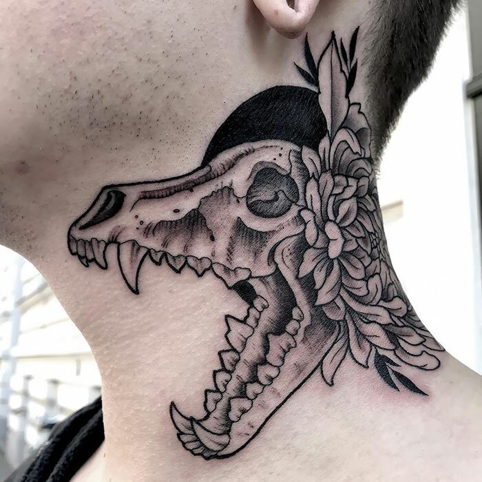 Skull tattoo on the neck for men