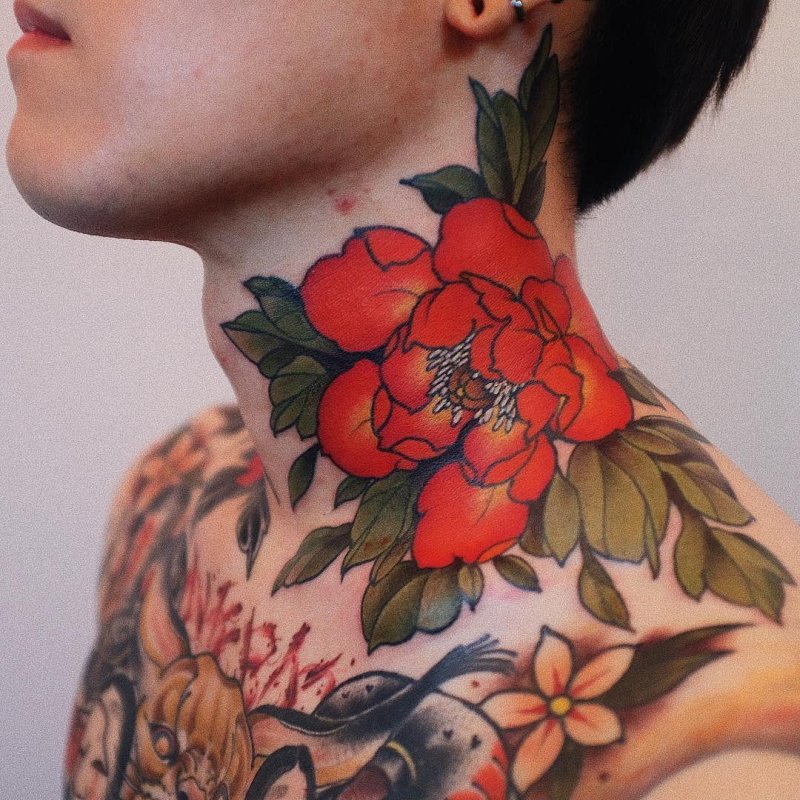 Colored neck tattoo for women