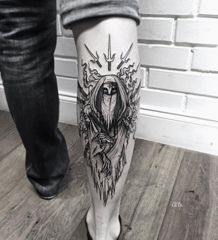 Large tattoo on the calf for men