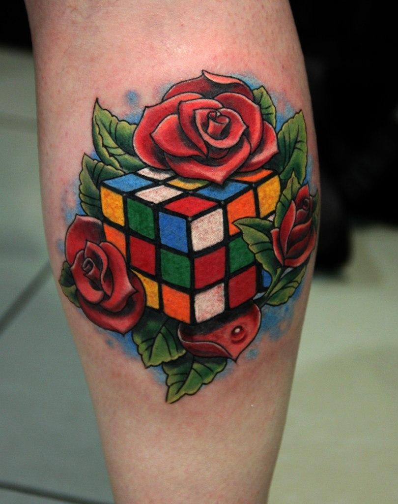 Colorful cube and rose tattoo on the calf for women