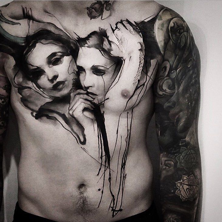 Tattoo of two girls in the style of Black&Grey on the chest for men