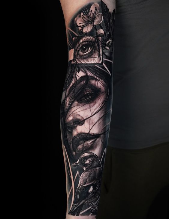 Tattoo of a girl and a bird in the style of Black&Grey on the hand for men