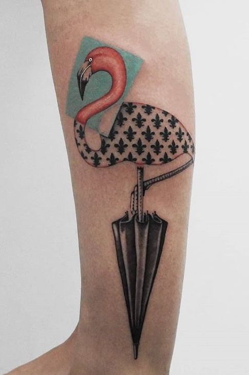 Flamingo and umbrella tattoo in art-brut style on the shin for men