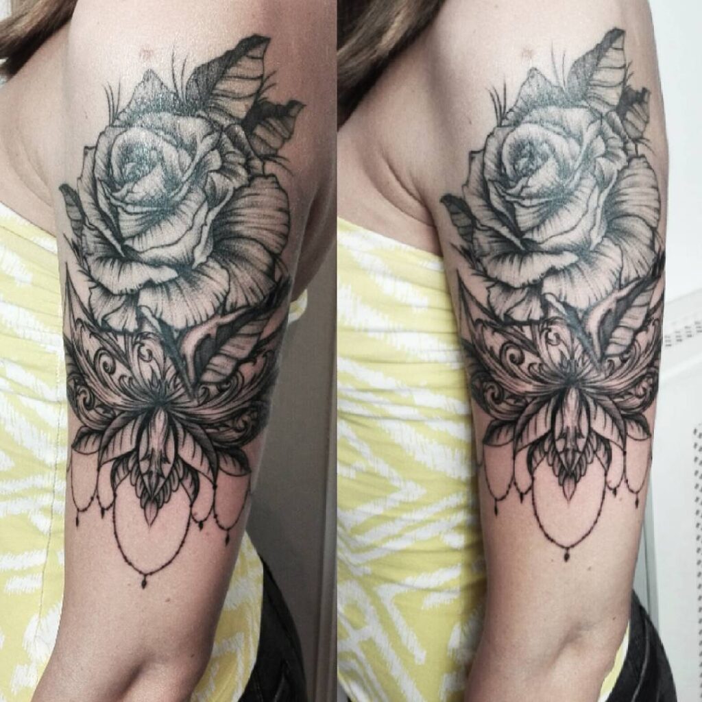 Baroque flower tattoo on the shoulder for women