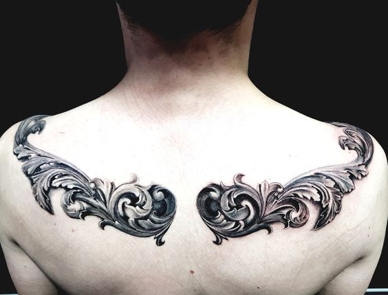 Baroque tattoo on the back for men