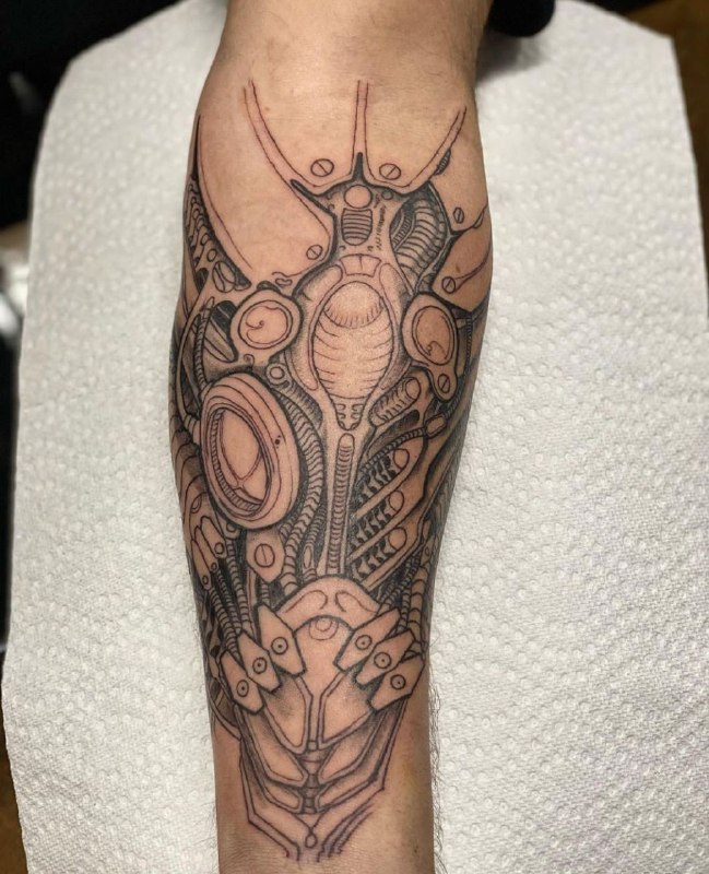 Biomechanics style tattoo on the forearm for men