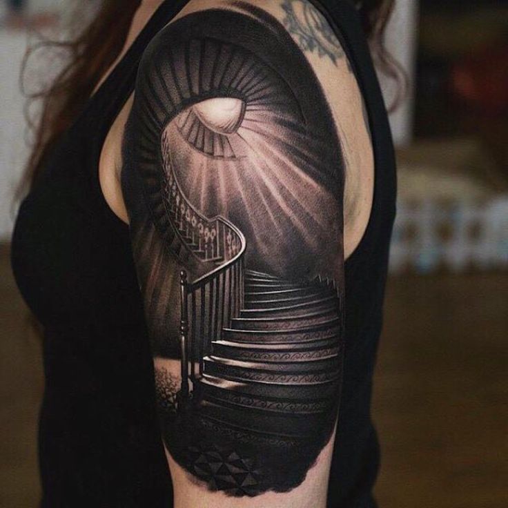 Black&Grey staircase tattoo on the shoulder for women