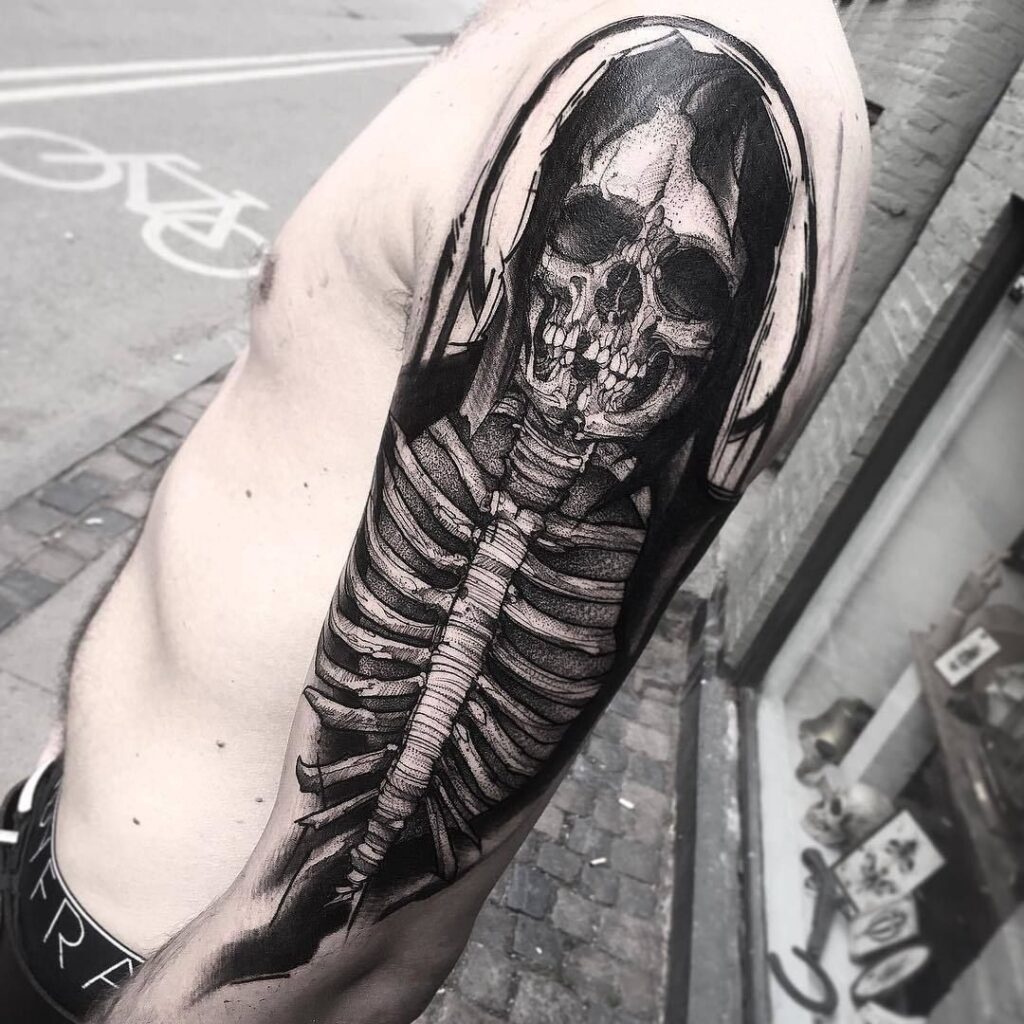 Black&Grey skeleton tattoo on the arm for