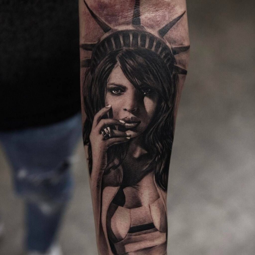 Black&Grey style girl tattoo on forearm for men