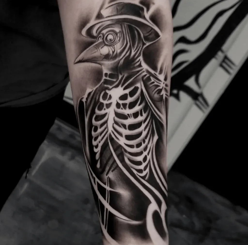 Black&Grey plague doctor tattoo on forearm for men