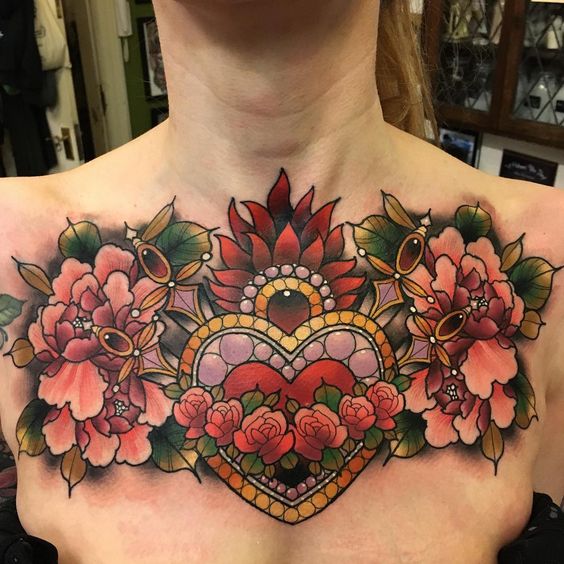 Color tattoo on the chest for women