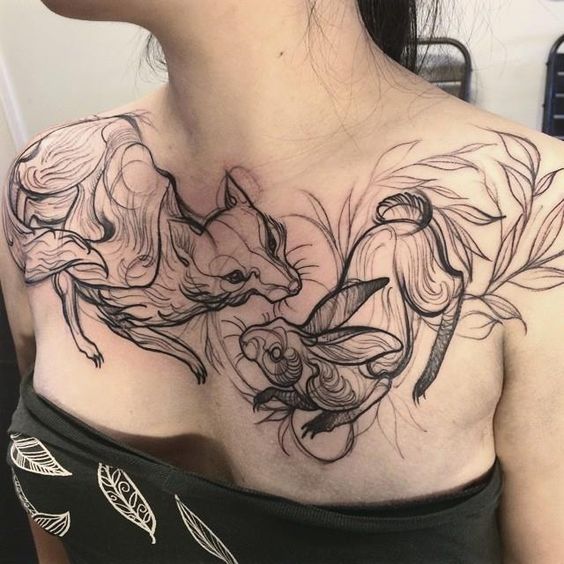 Large fox and hare tattoo on the chest for women