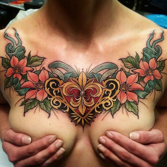 Color tattoo on the chest for women