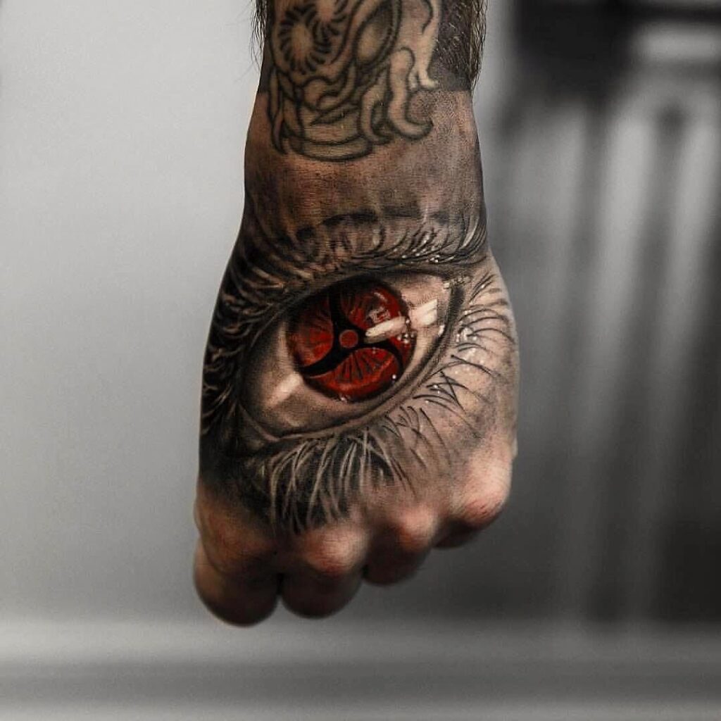 Large eye tattoo on the hand for men