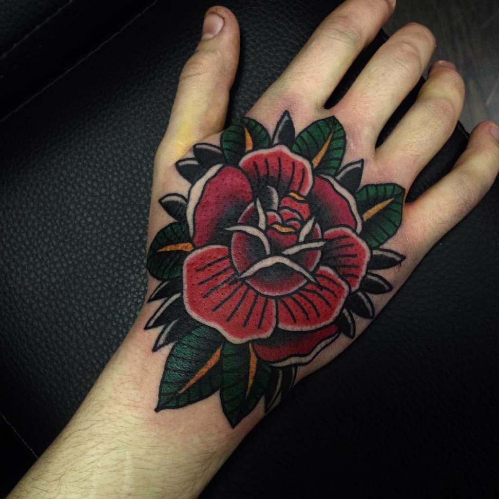 Rose tattoo on the hand for men