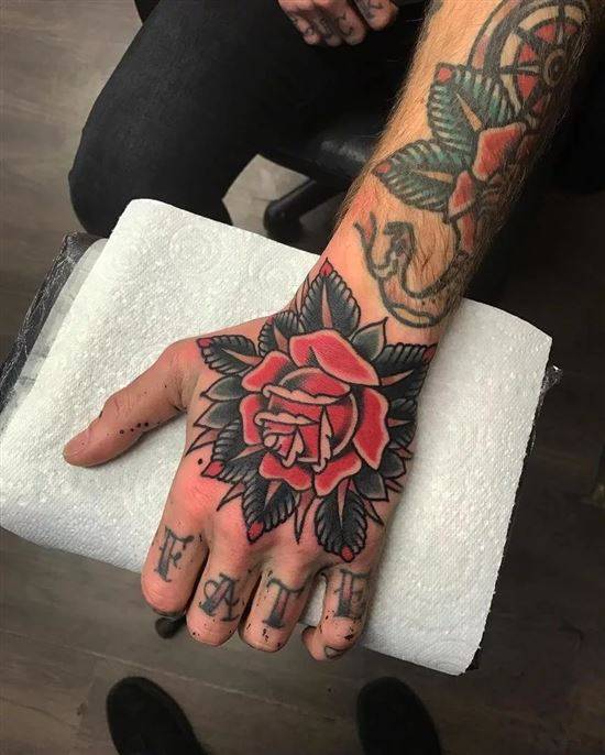 Rose tattoo on the hand for men