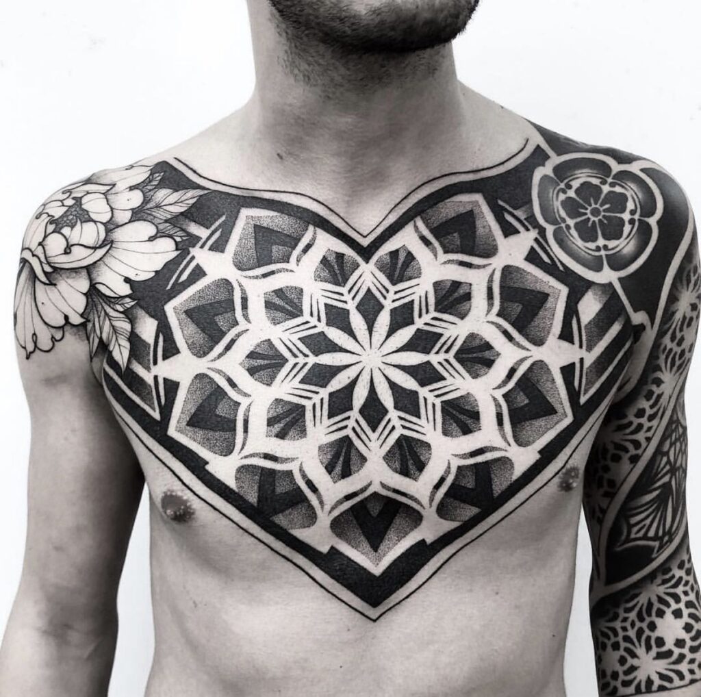 Large dotwork chest tattoo for men