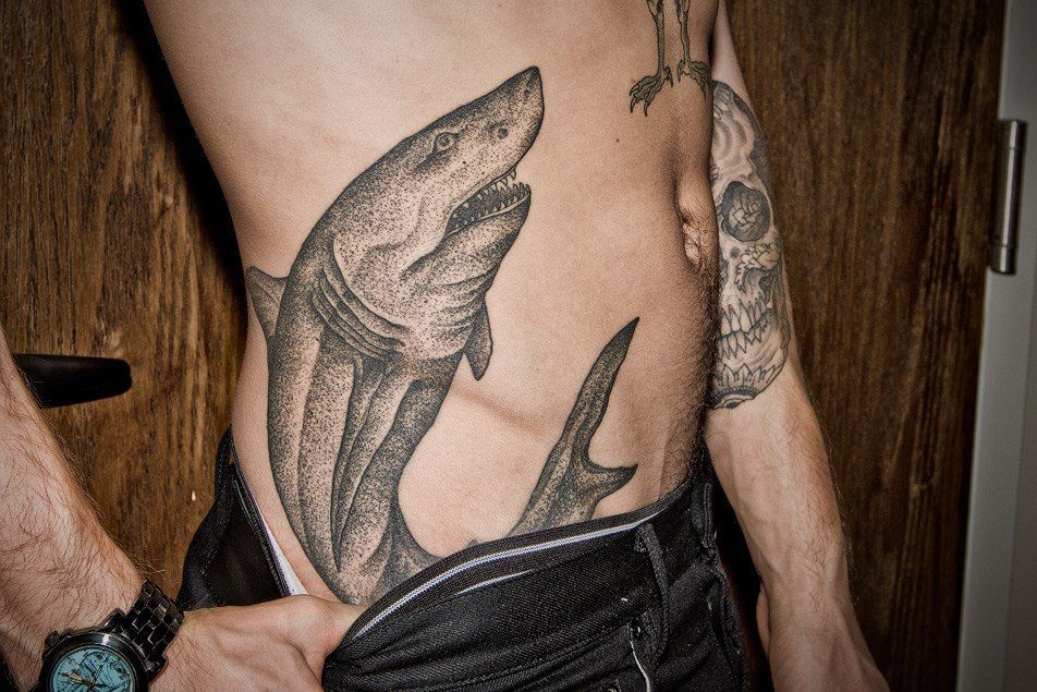 Large dotwork shark tattoo on the side for men