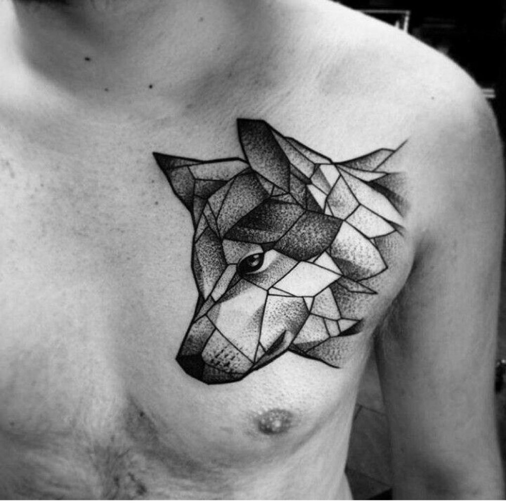 Dotwork wolf tattoo on the chest for men