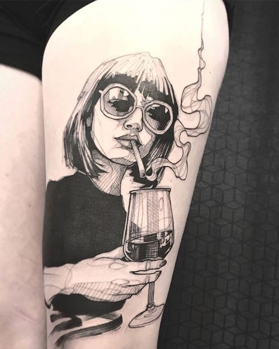 Large graphic style girl tattoo on the thigh for women