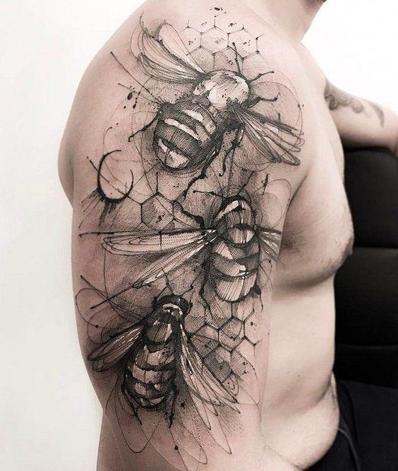 Large tattoo of bees in graphic style on the shoulder for men