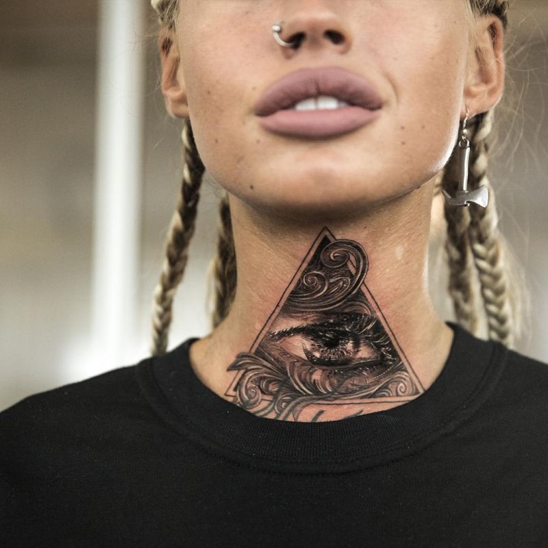 Large eye tattoo on the neck for women