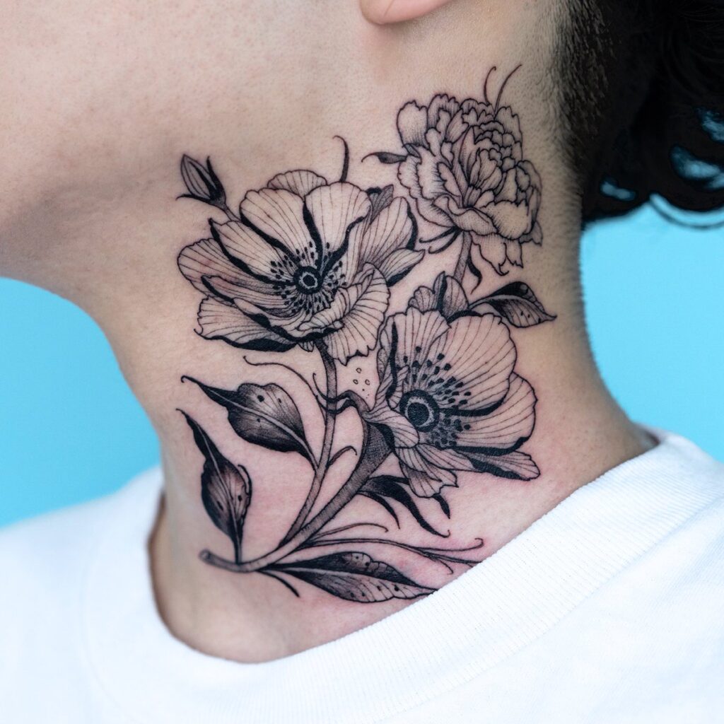 Large flower tattoo on the neck for women