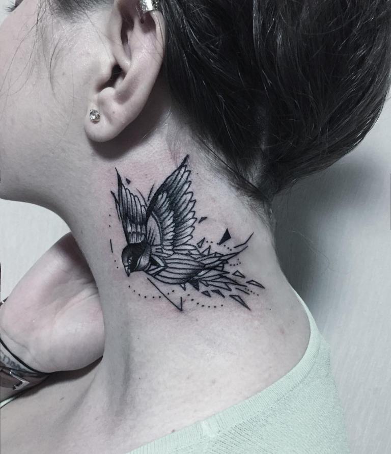 Birds tattooed on the neck for women