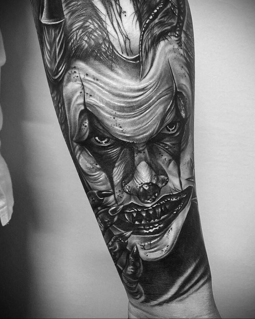 Large clown tattoo on the forearm for men