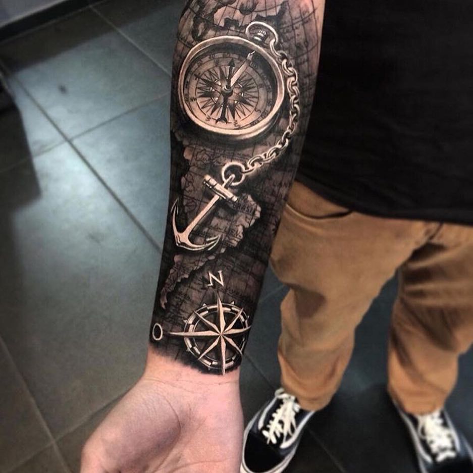 Compass and anchor tattoo on the forearm for men