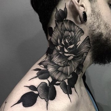 Large rose tattoo on the neck for men