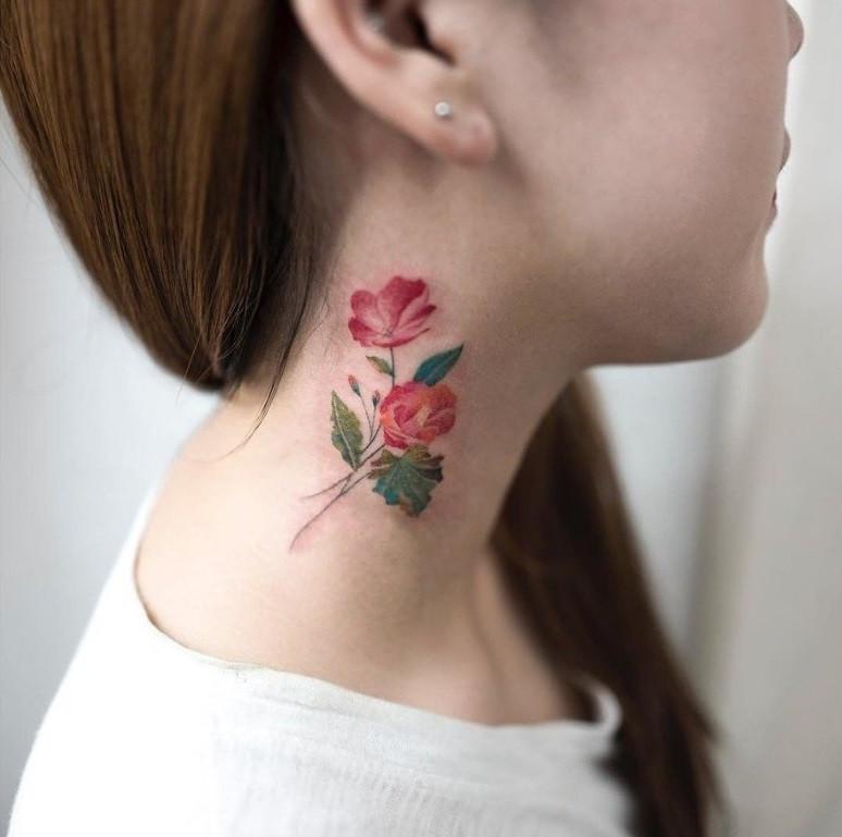 Colored neck tattoo for women Colored neck tattoo for women