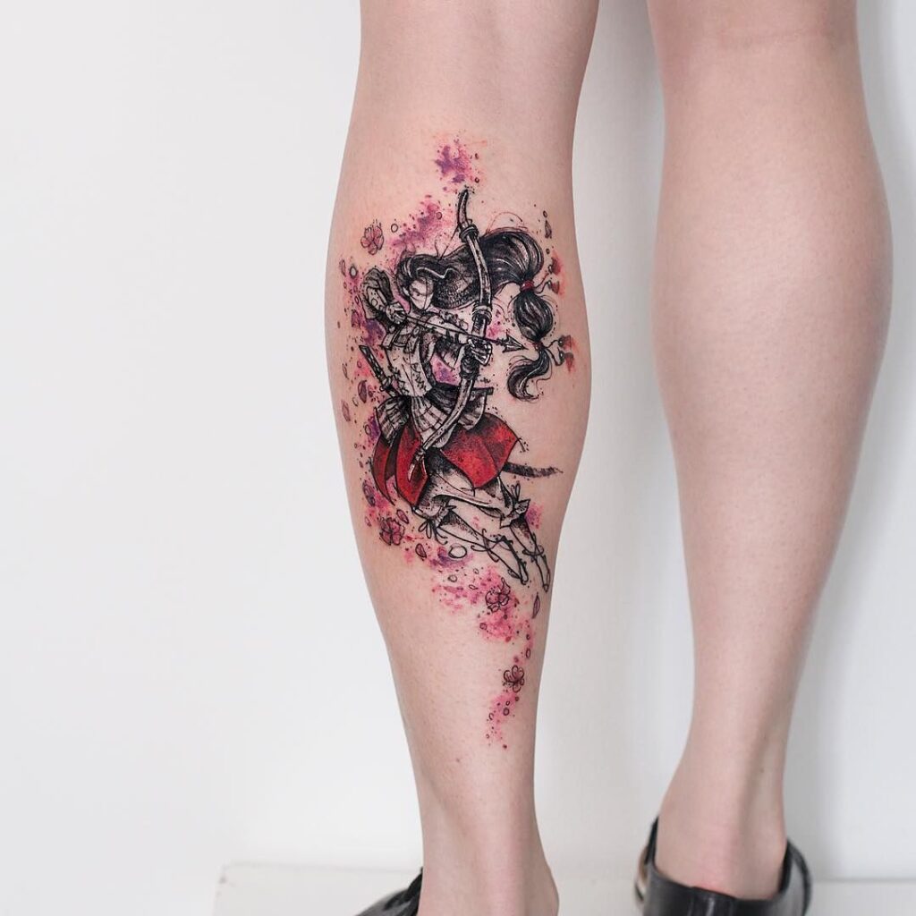 Tattoo of a girl on the calf for women