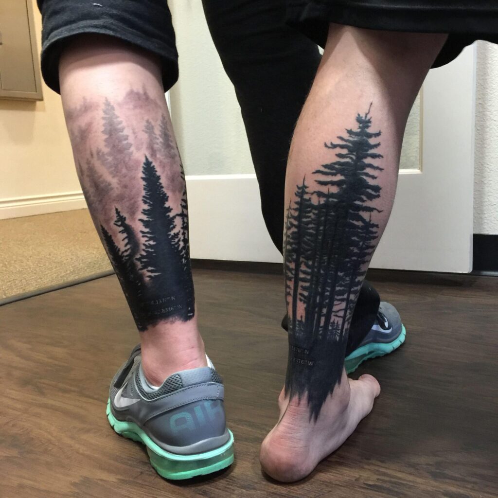 Large christmas tree tattoo on the calf for men