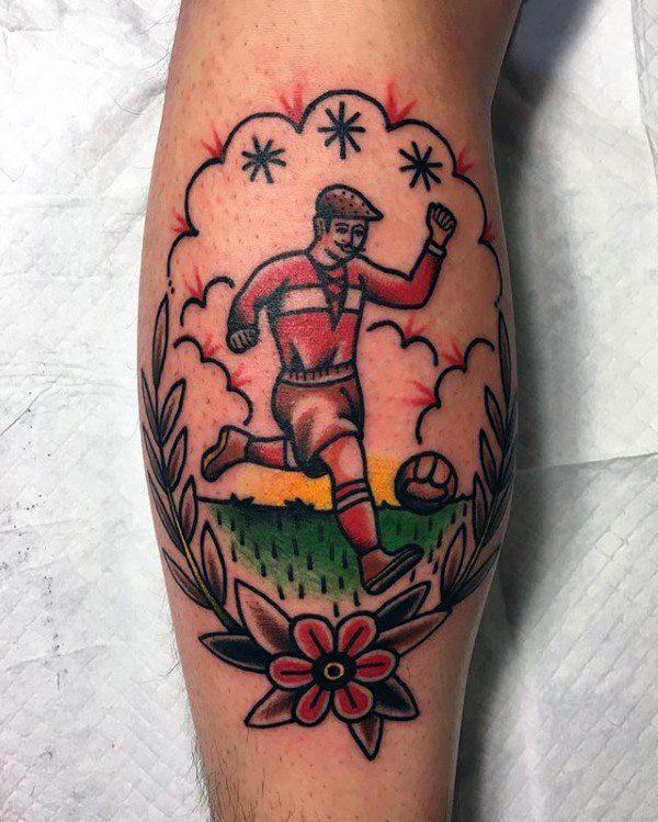 Color soccer player tattoo on the calf for men