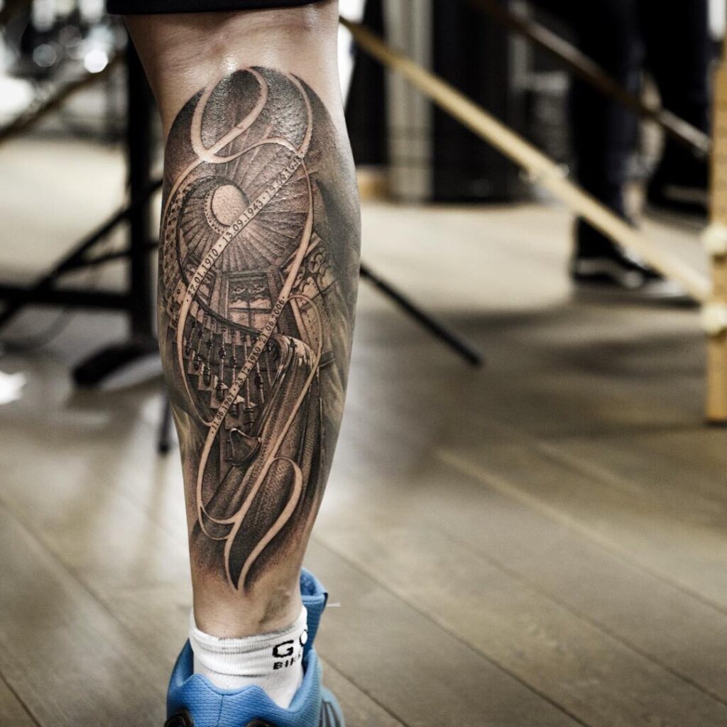 Large tattoo on the calf for men