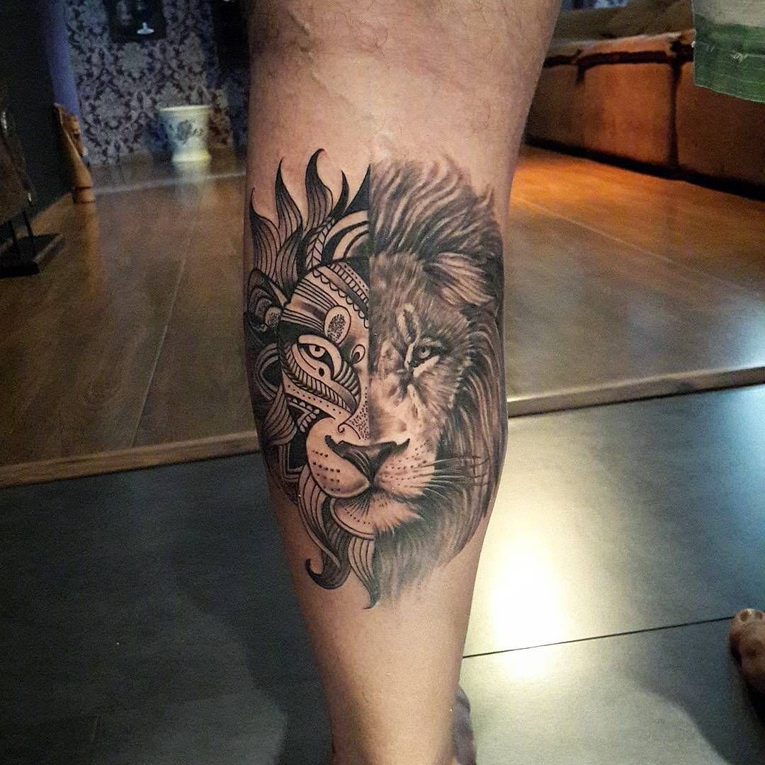 Large lion tattoo on calf for men