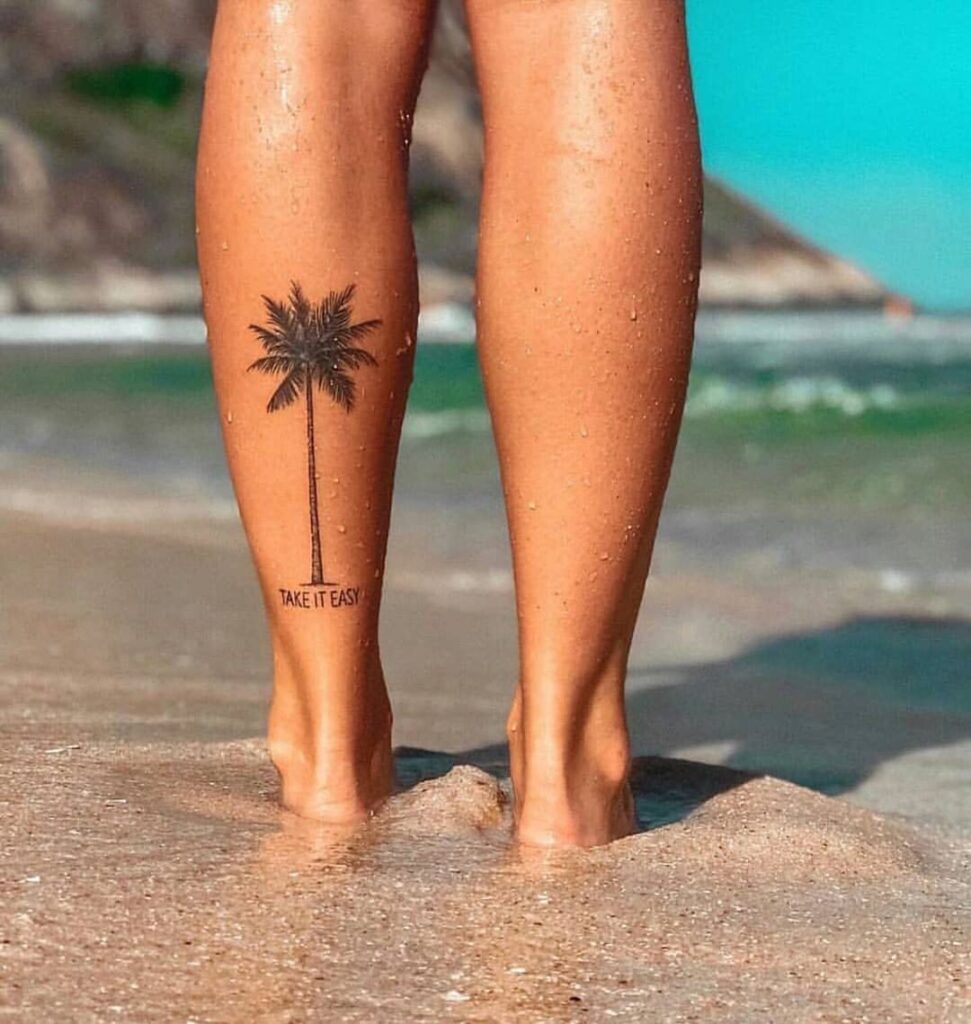 Palm tattoo on the calf for women