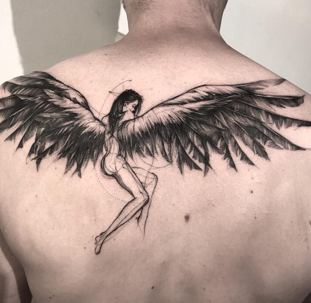 Angel tattoo on the back for men