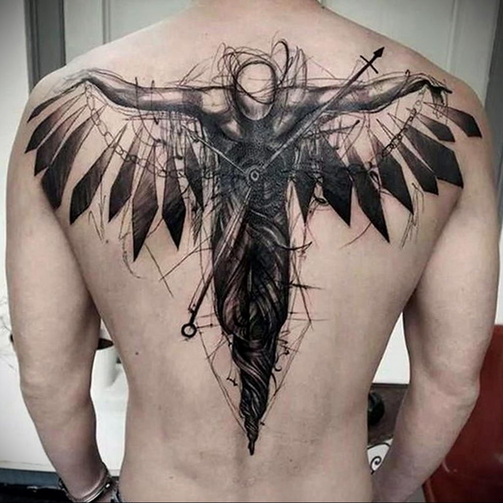 Large angel tattoo on the back for men