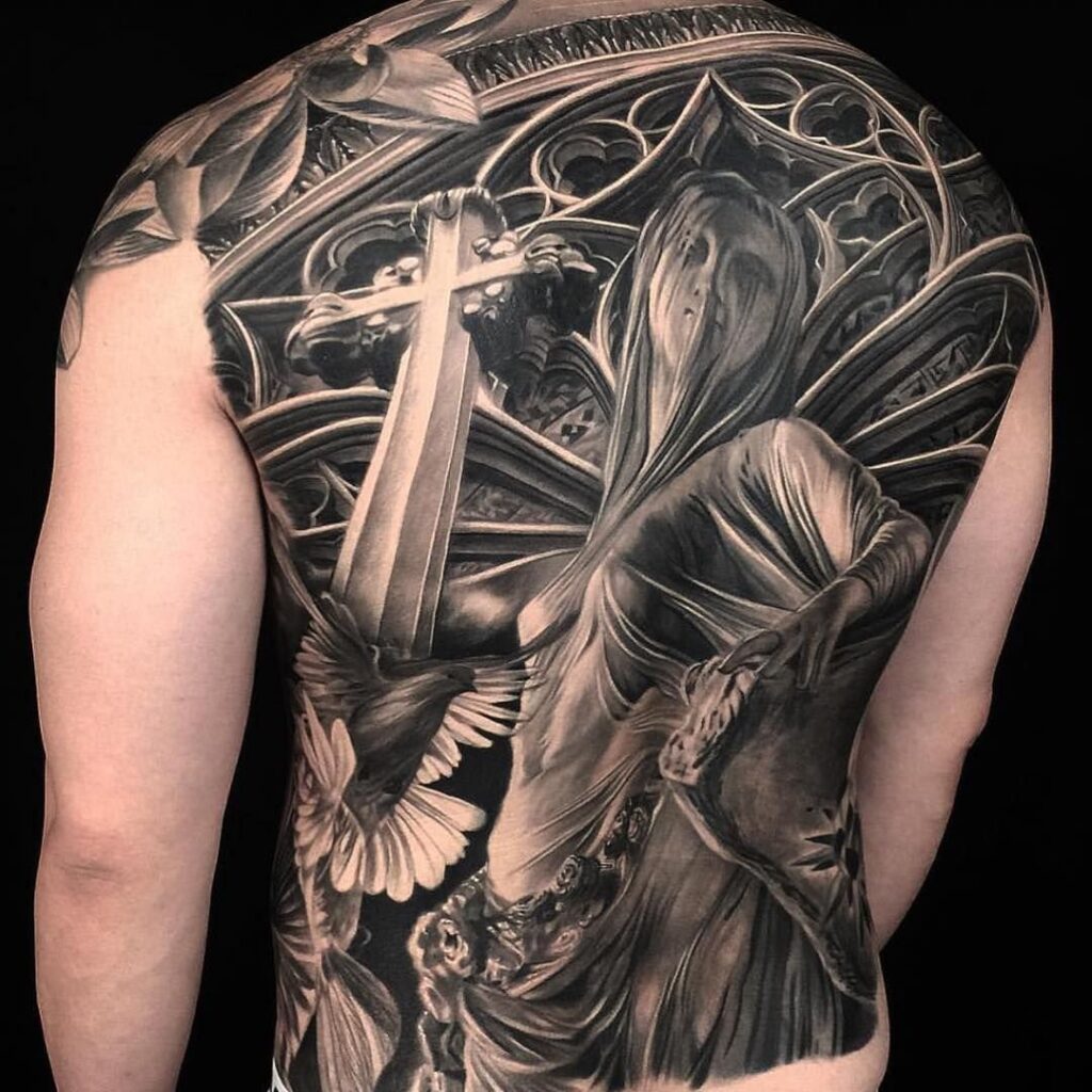 Large tattoo on the back for men