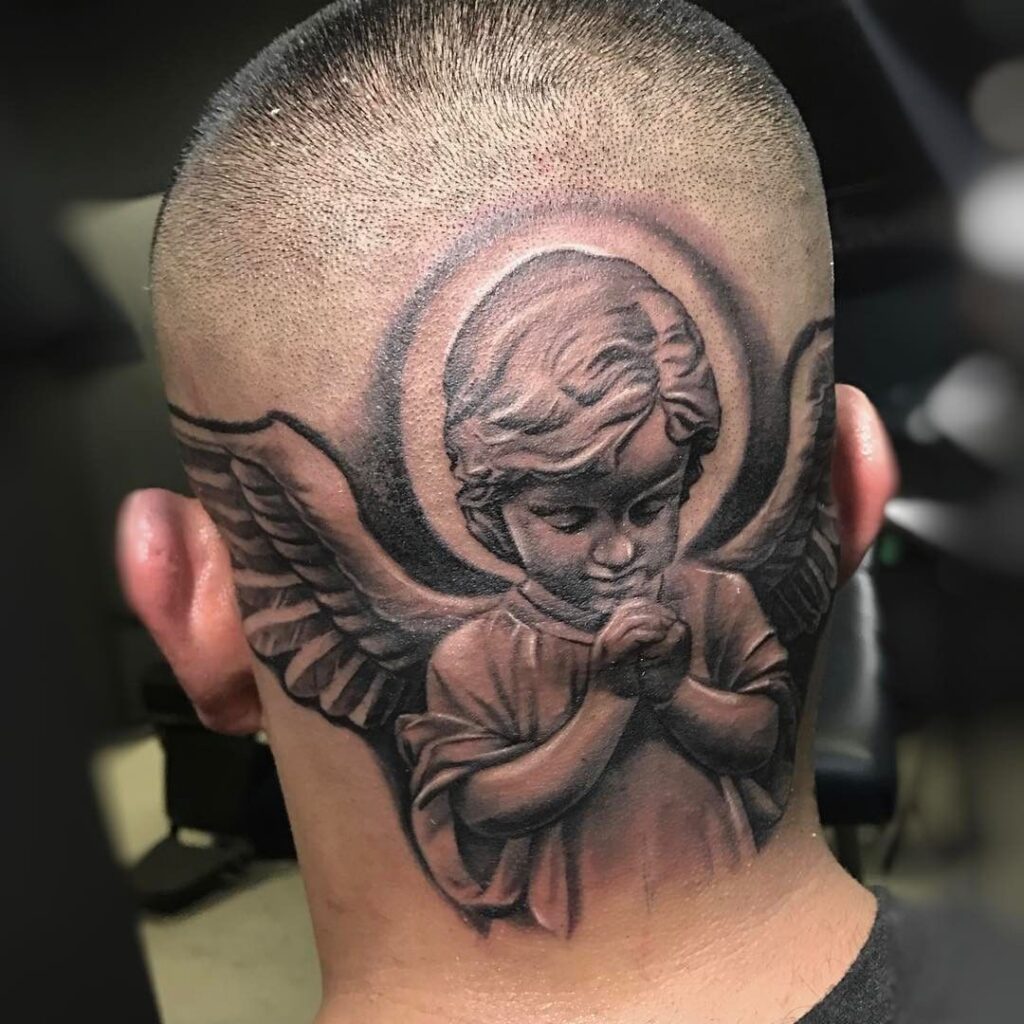 Large angel tattoo on the back of the head for men