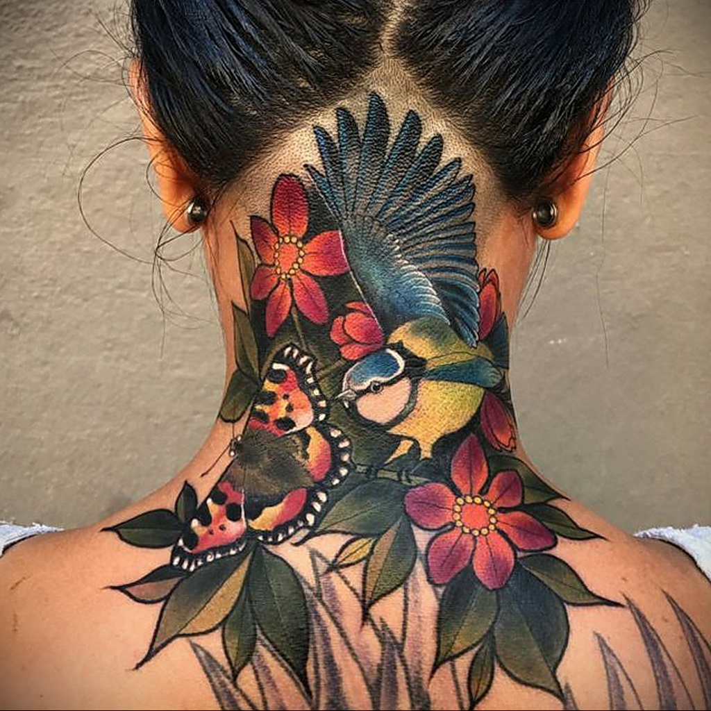 Colorful sparrow and butterfly tattoo on the back of the head for women